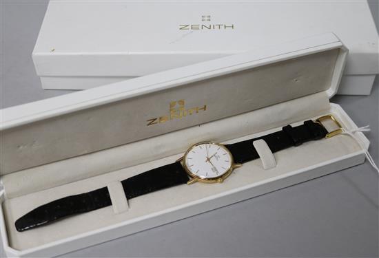 A Zenith 9ct gold-cased gentlemans wristwatch, with date aperture, on Zenith crocodile leather strap, cased